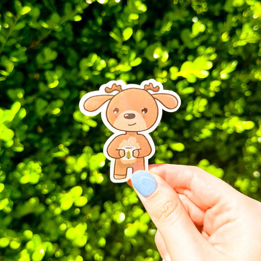 Reindeer Drinking Tea Christmas Sticker - Arttay Designs