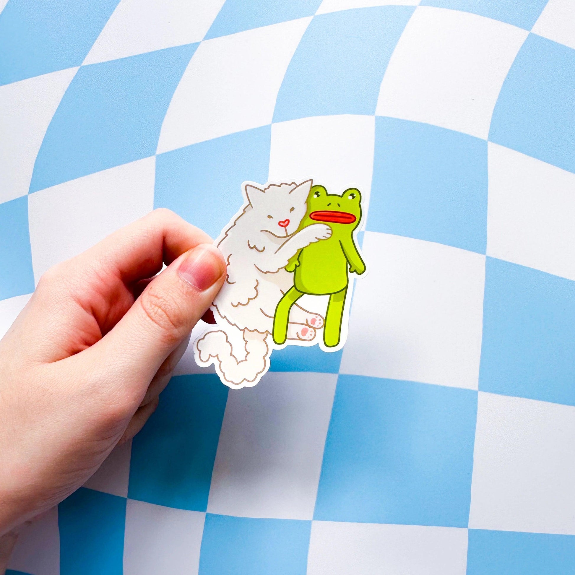 Cat Hugging Frog Sticker - Arttay Designs