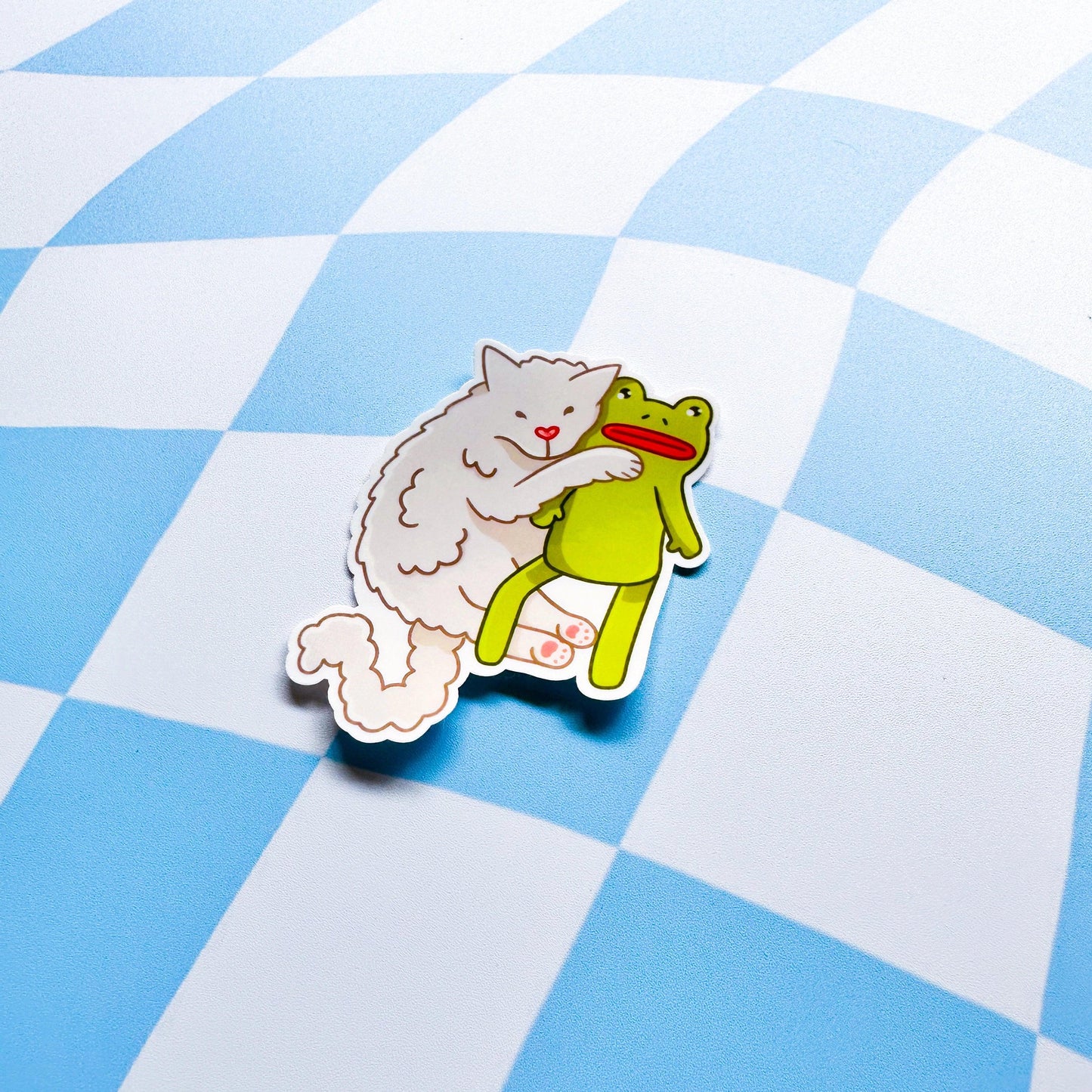 Cat Hugging Frog Sticker - Arttay Designs