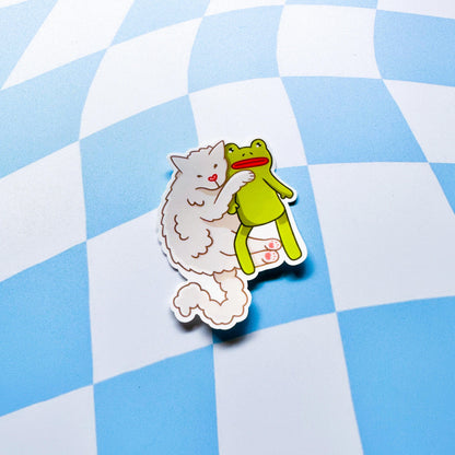 Cat Hugging Frog Sticker - Arttay Designs