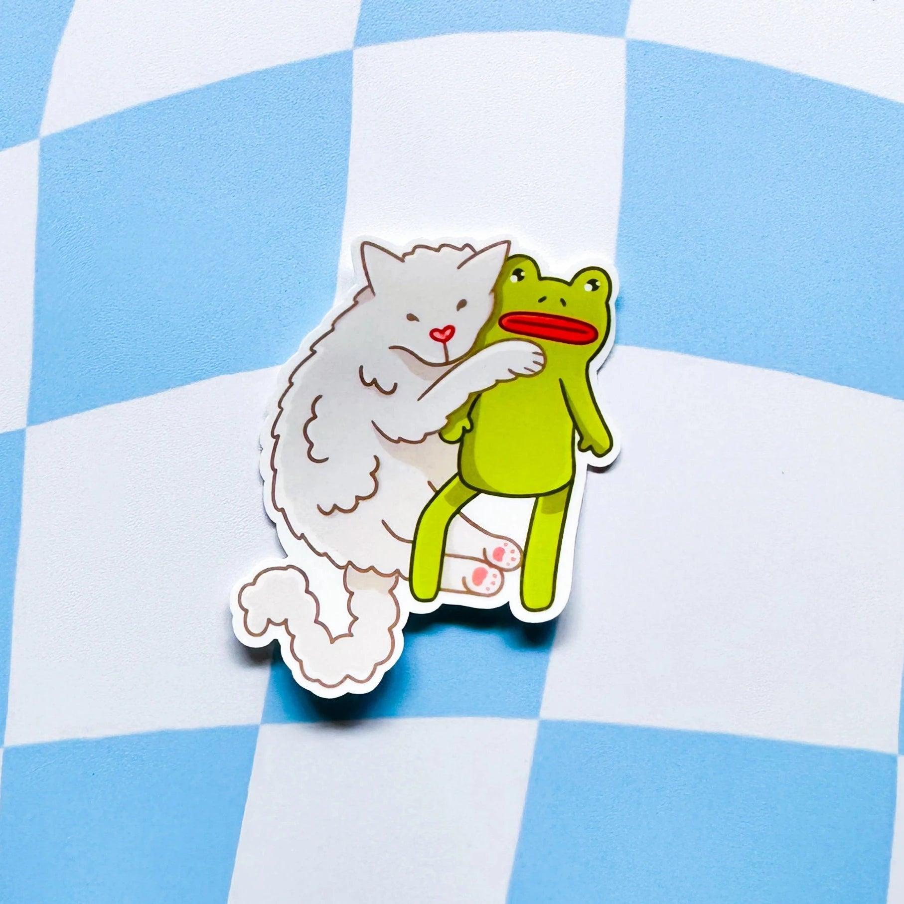 Cat Hugging Frog Sticker - Arttay Designs