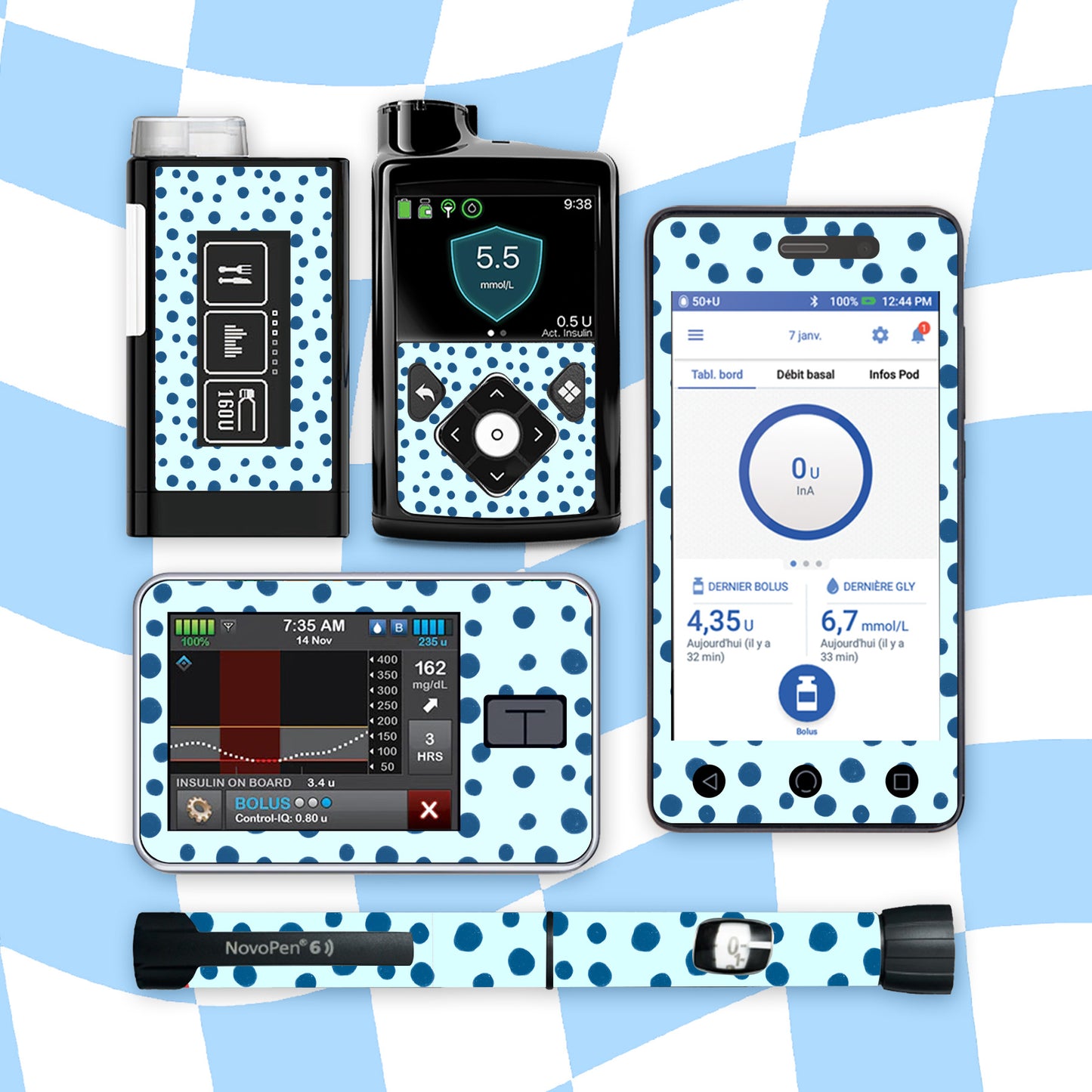 Blue Polka Dots Diabetes Device Stickers