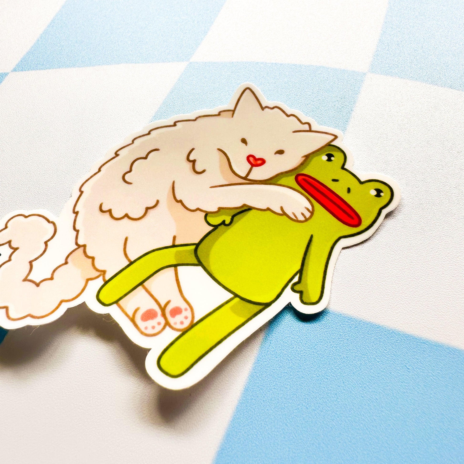 Cat Hugging Frog Sticker - Arttay Designs